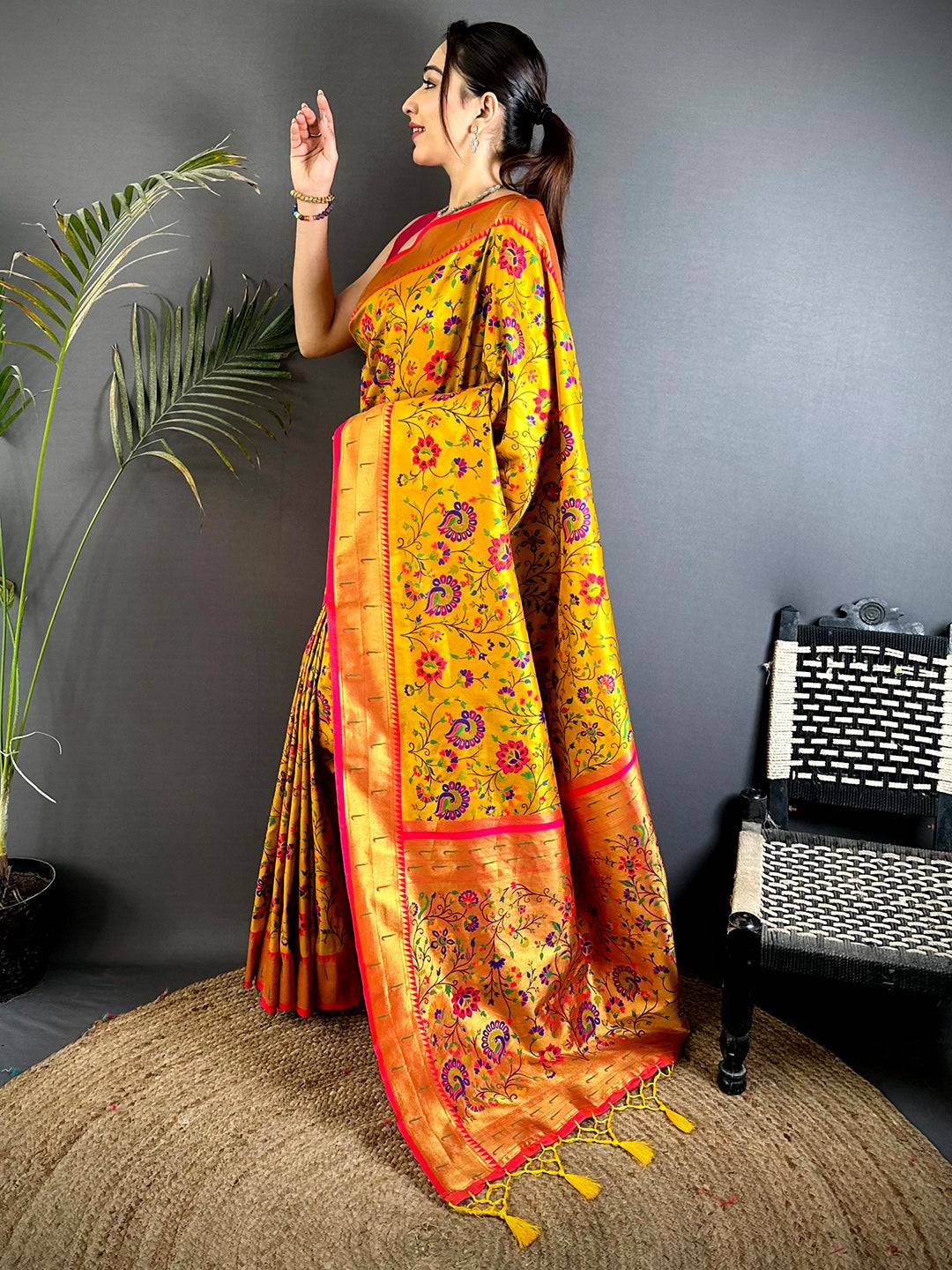 Yellow Minakari Weave Soft Paithani Pattu Saree