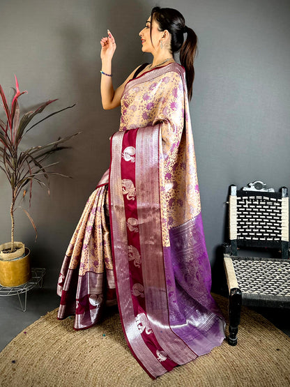 Beige Dharmavaram Double Ikkat Pattu Saree