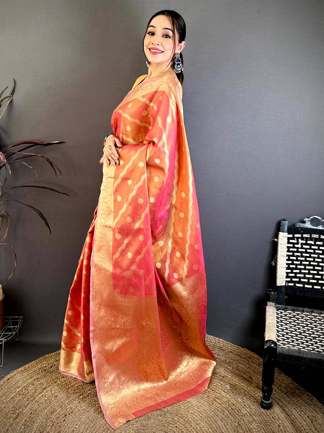 Coral Glass Crush Tissue Leheriya Pattu Saree