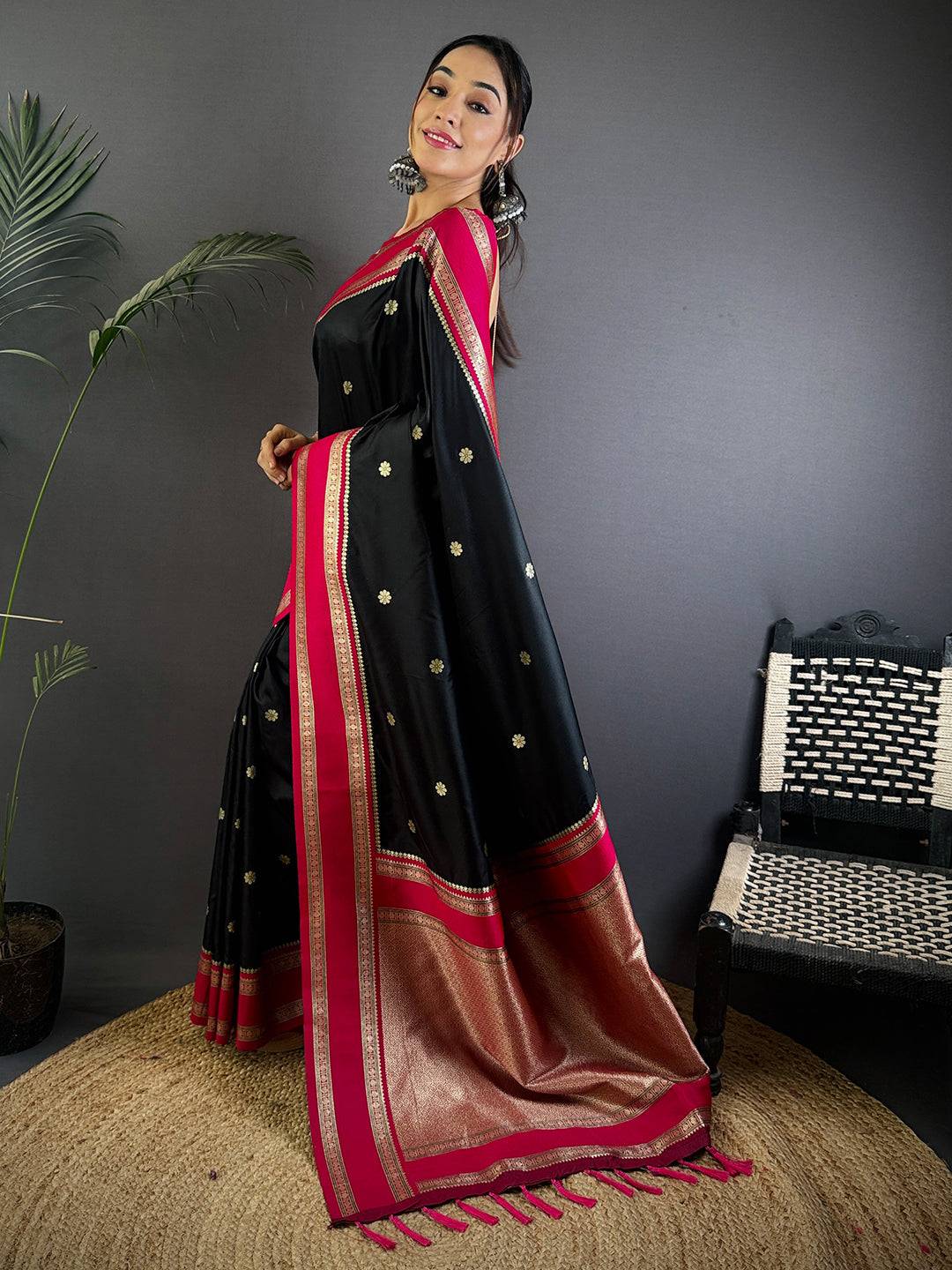 Raven Black Soft Silk Floral Butta Saree