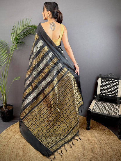 Black Soft Silk Sona Chandi Zari Weaving Pattu Saree