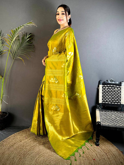 Olive Sona Chandi Striped Silk Pattu Saree

