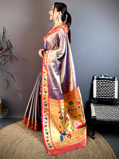 Royal Peach Zari Tissue Paithani Style Pattu Saree