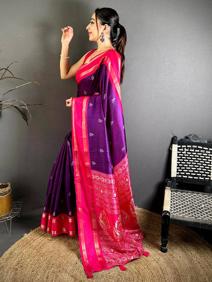 Purple Soft Dola Block Print Pallu Pattu Saree