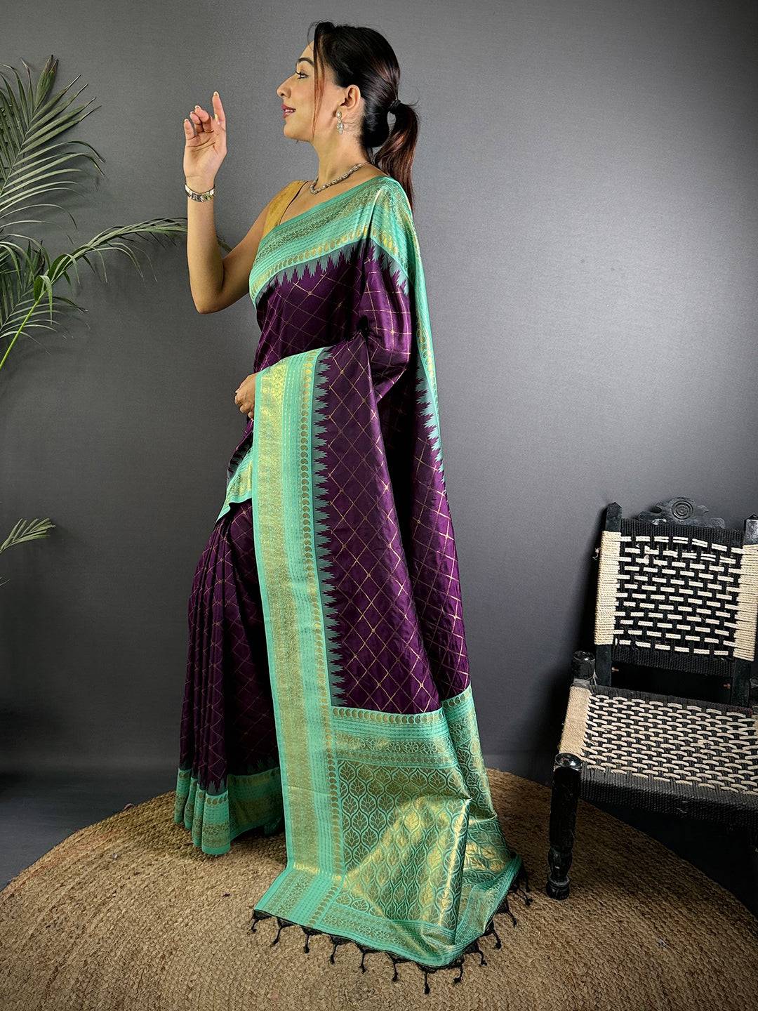 Wine Gold Zari Chex Soft Silk Pattu Saree