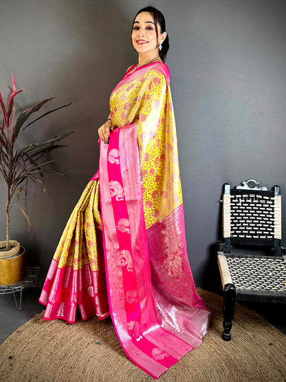 Mustard Dharmavaram Double Ikkat Pattu Saree