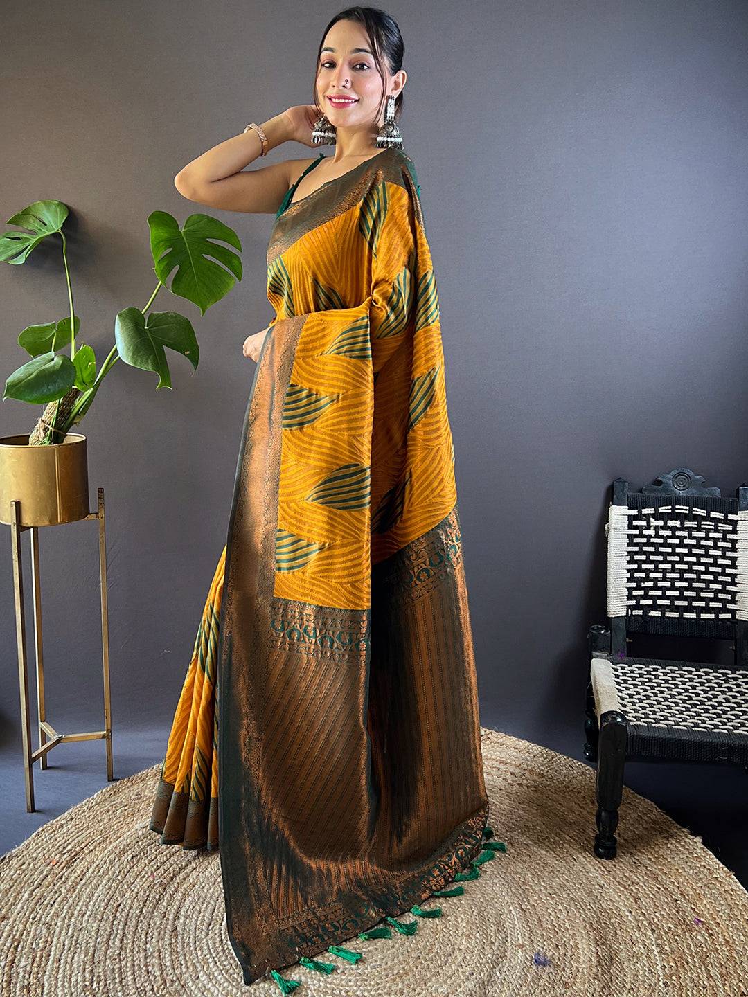 Mustard Tussar Silk Zari Weaving Ikkat Pattu Saree