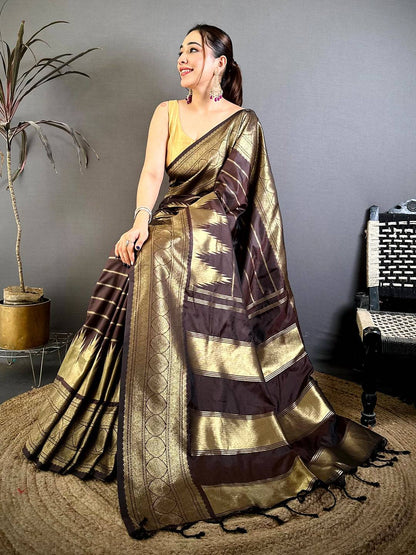 Wooden Brown Soft Silk Temple Border Pattu Saree