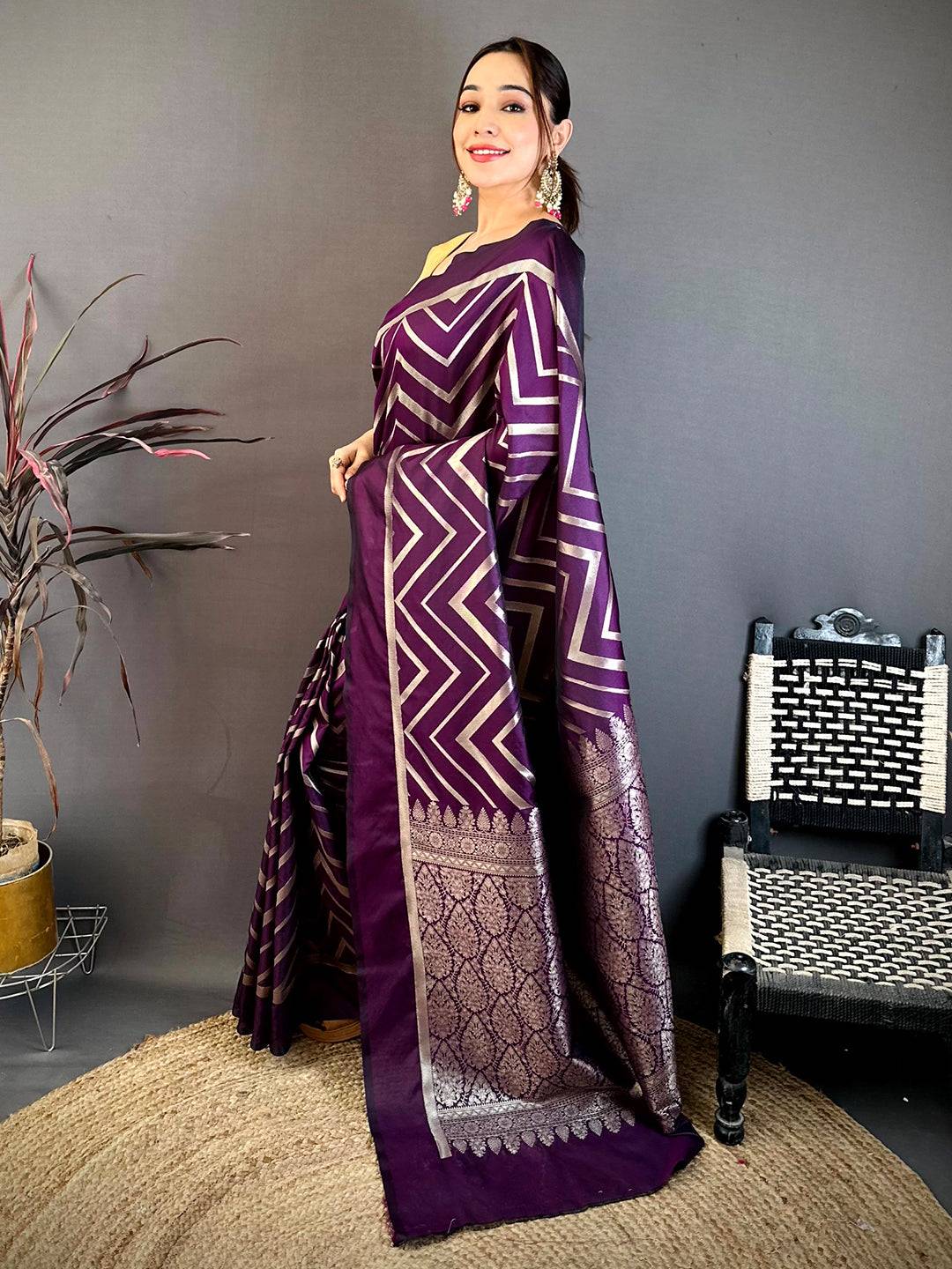 Dark Purple Geometric Zari Weave Banarasi Pattu Saree