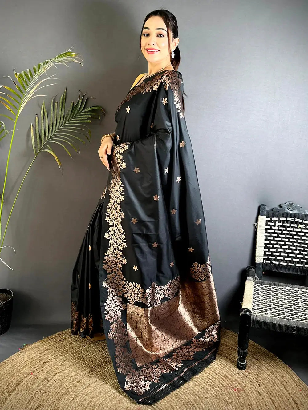 Rose Gold Blossom Soft Satin Silk Pattu Saree