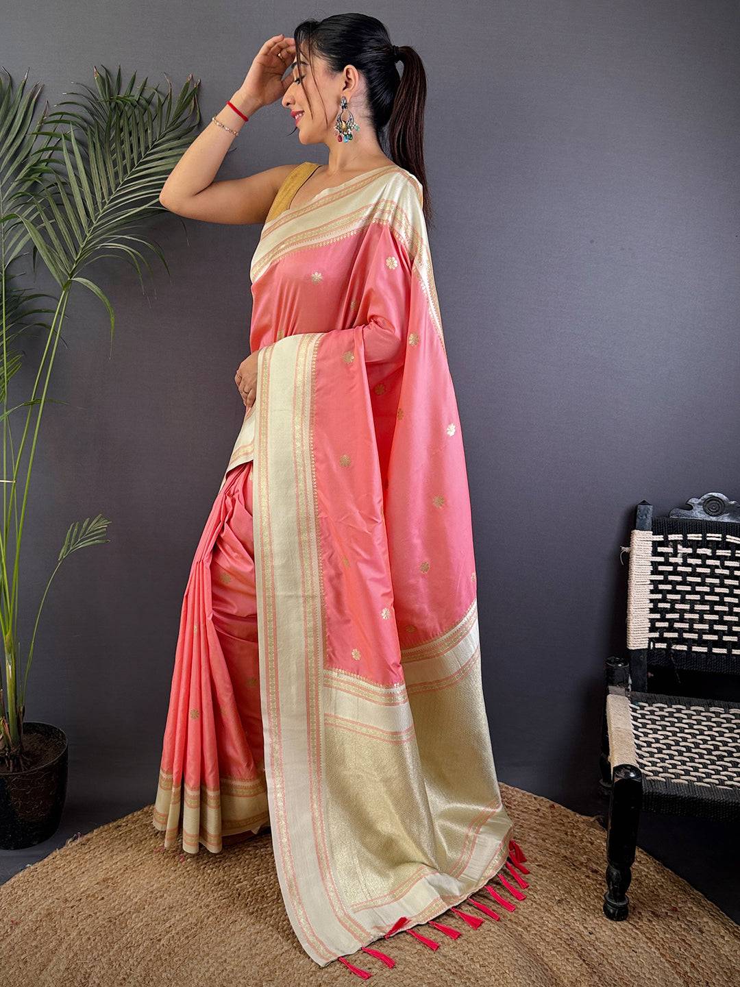 Radiant Peach Soft Silk Floral Butta Pattu Saree