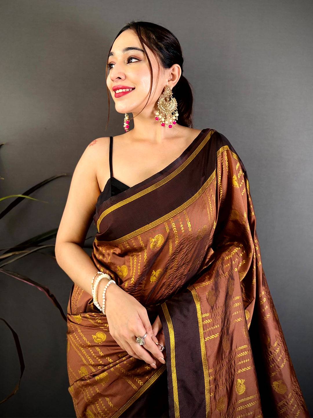 Brown Soft Silk Ethnic Motif Zari Pattu Saree