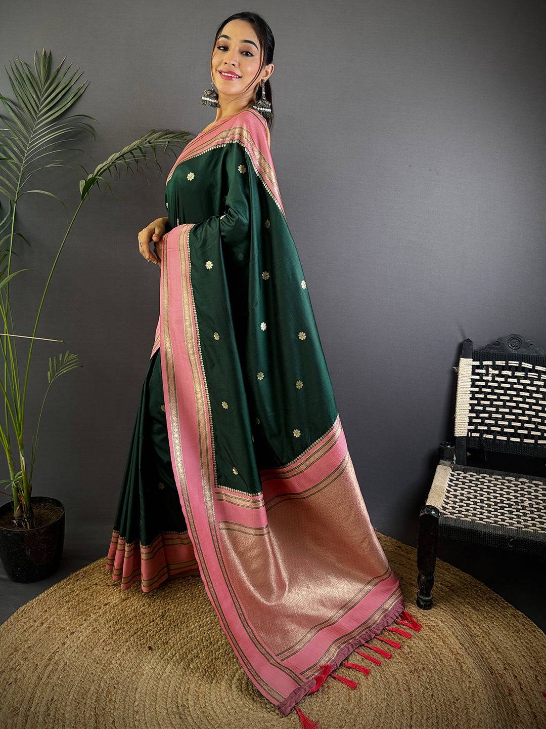 Bottle Green Soft Silk Floral Butta Pattu Saree