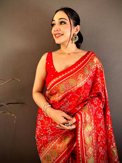 Red Soft Semi Silk Ikkat Patola Weaving Pattu Saree