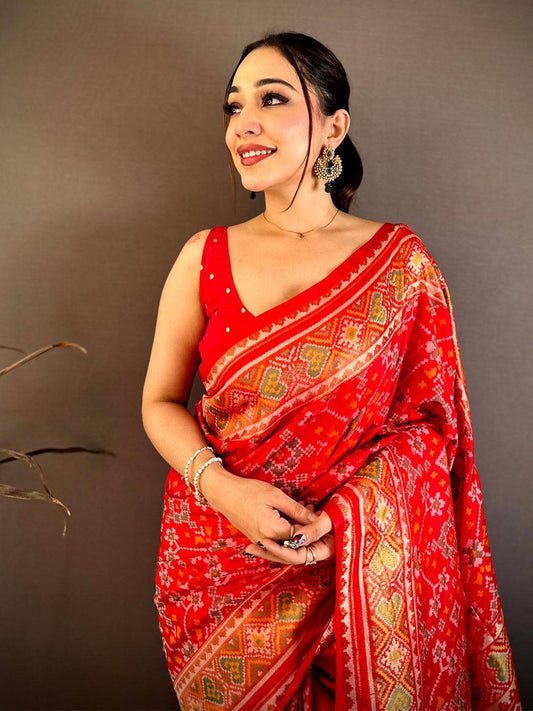 Red Soft Semi Silk Ikkat Patola Weaving Pattu Saree