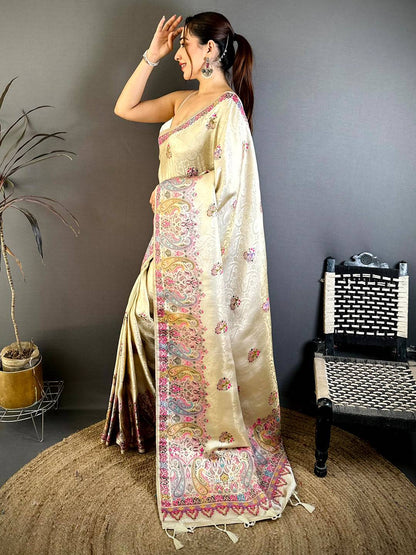 Elegant Kashmiri Jacquard Zari Weaving Pattu Saree