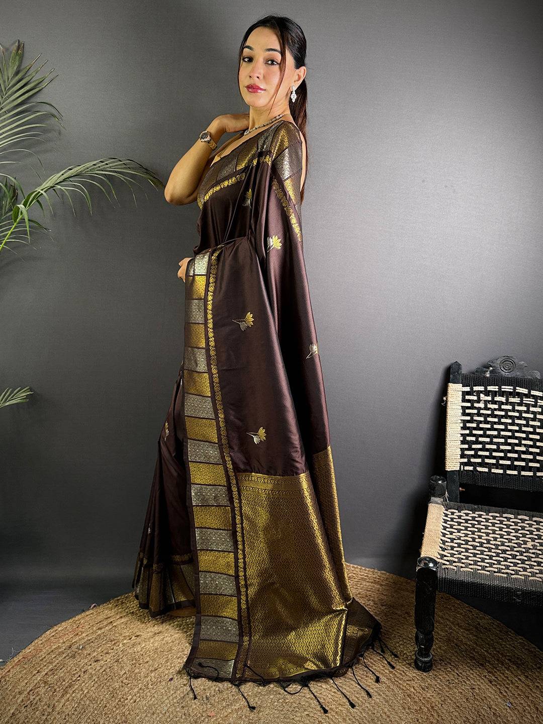 Brown Soft Silk Sona Chandi Butta Pattu Saree