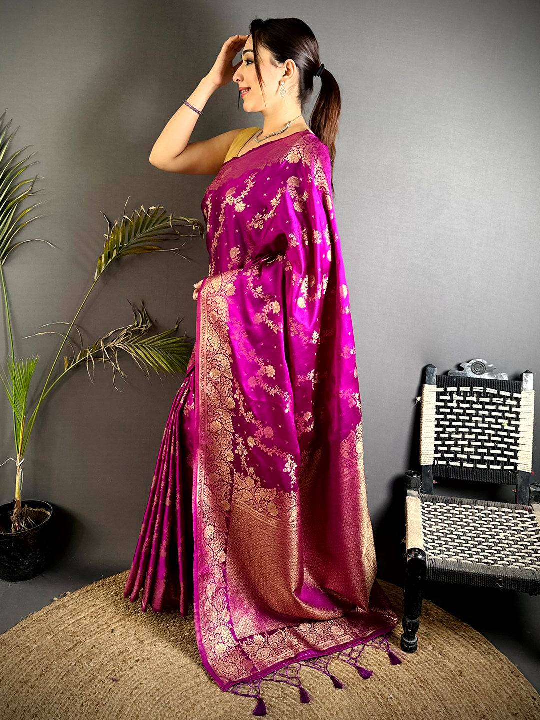 Magenta Satin Silk Zari Weave Pattu Saree
