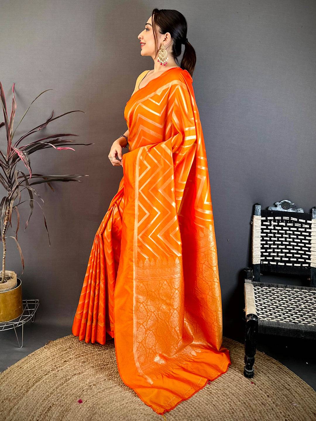 Orange Geometric Zari Weave Banarasi Pattu Saree
