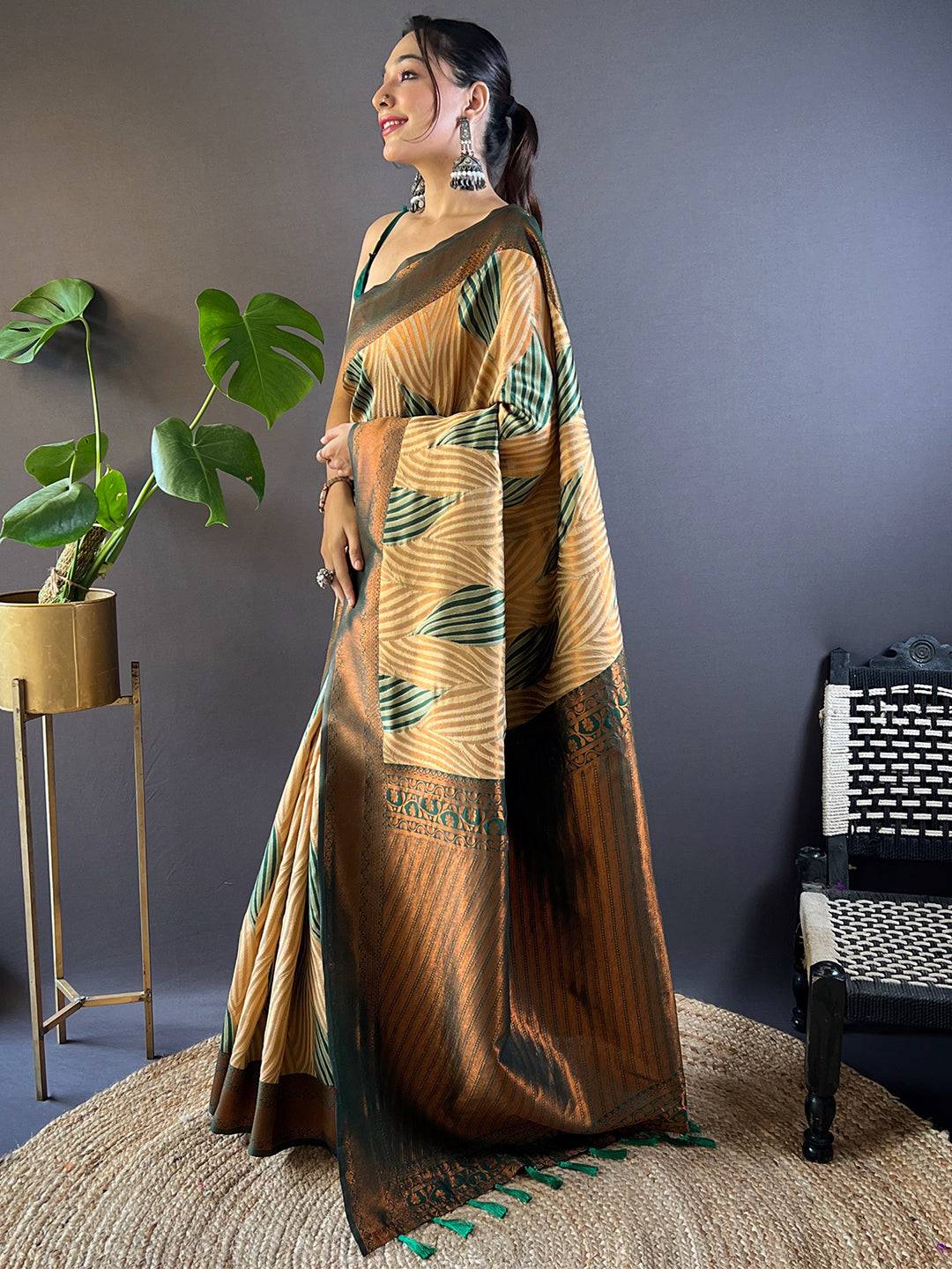 Brown Tussar Silk Zari Weaving Ikkat Pattu Saree