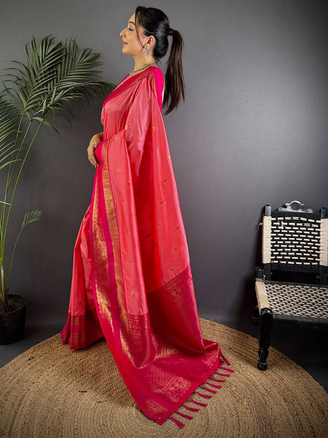 Rose Pink Satin Bentex Soft Silk Pattu Saree