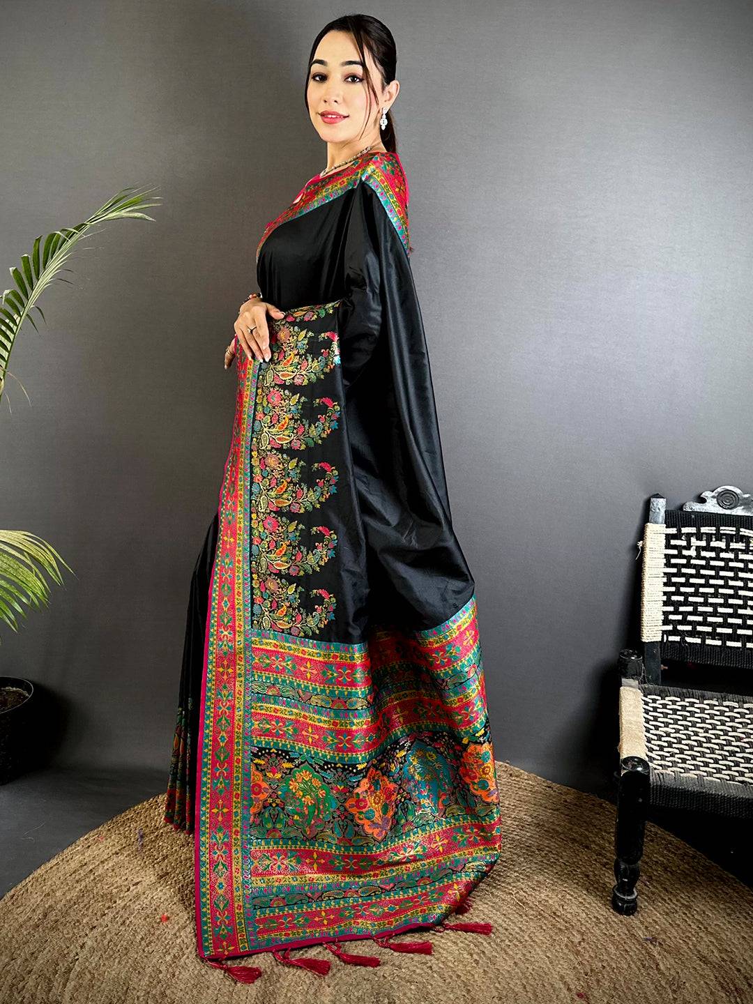 Black Kashmiri Pashmina Semi Silk Pattu Saree