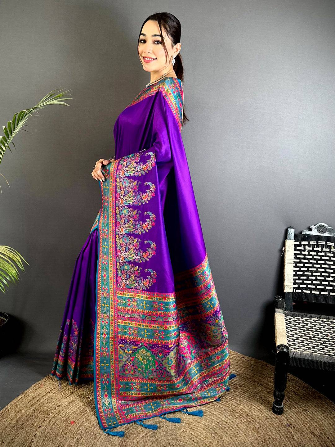 Purple Kashmiri Pashmina Semi Silk Pattu Saree