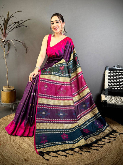 Pink Cotton Katan Bomkai Rich Pallu Pattu Saree