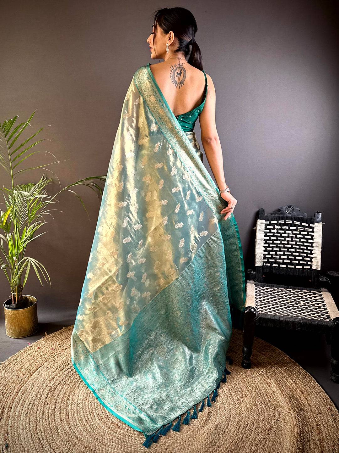 Elegant Teal Kora Tissue Pattu Saree