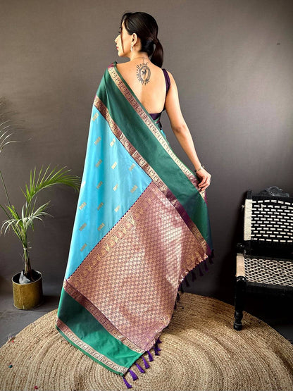 Sky Blue Gadhwal Pure Soft Silk Pattu Saree