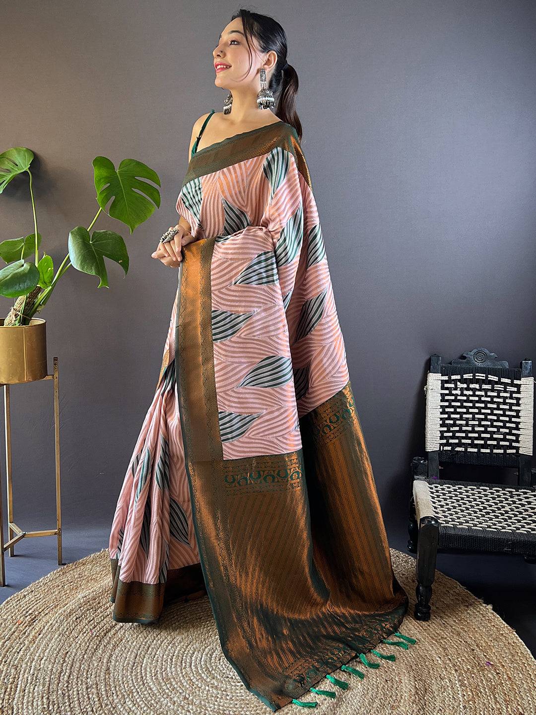 Muvel Tussar Silk Zari Weaving Ikkat Pattu Saree