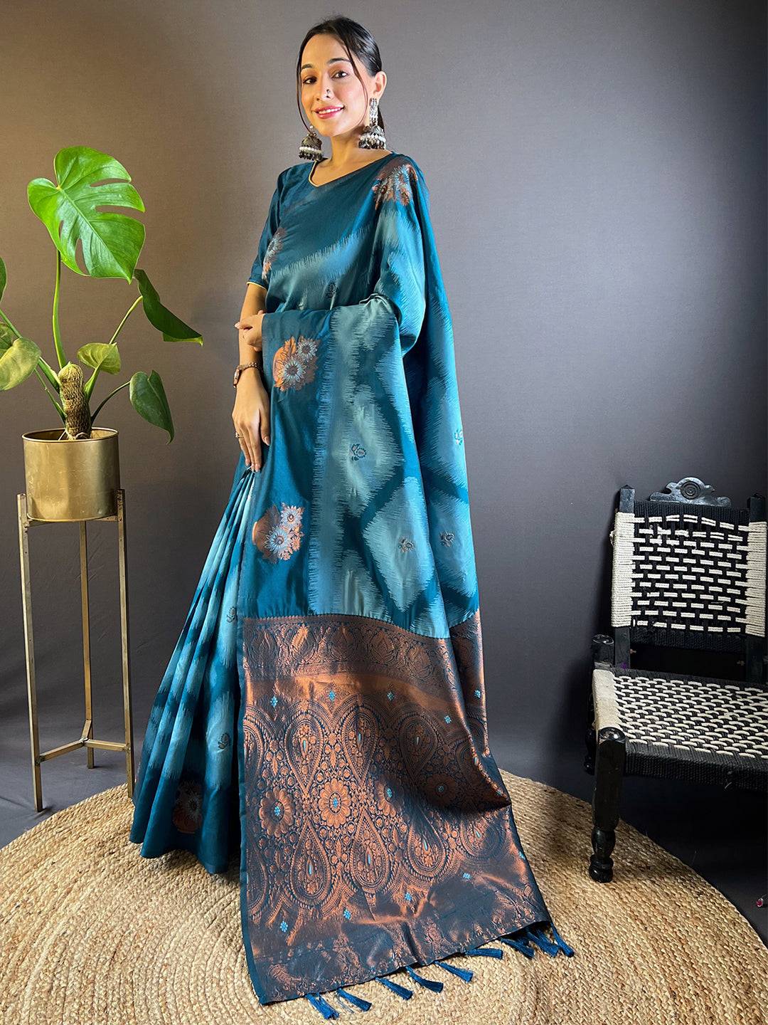 Blue Tussar Silk Ikkat Weaving Pattu Saree