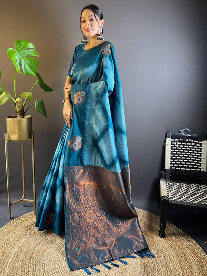 Blue Tussar Silk Ikkat Weaving Pattu Saree