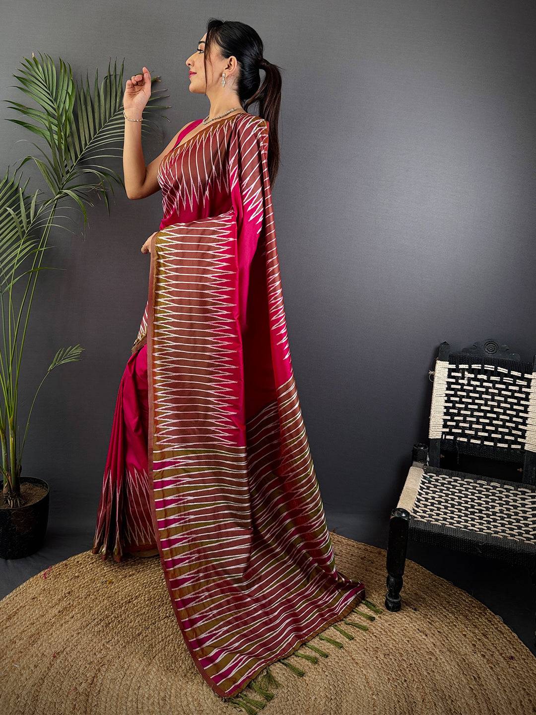 Peach Soft Silk Ikkat Zari Weaving Pattu Saree
