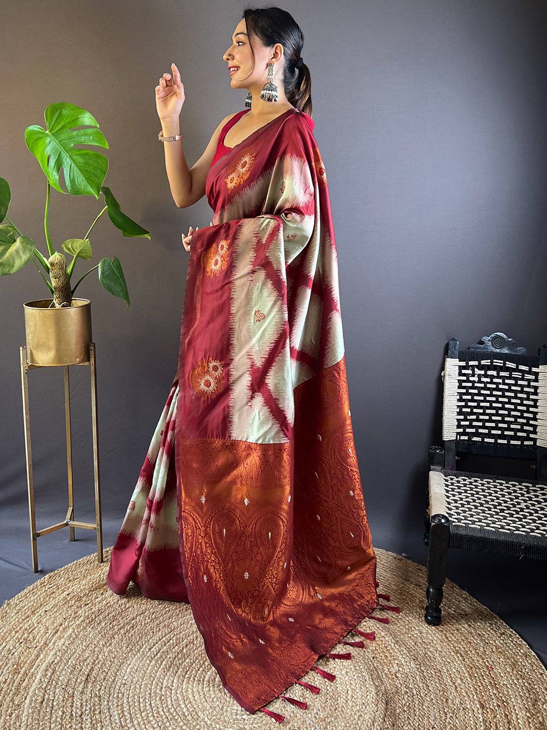 Maroon Tussar Silk Ikkat Weaving Pattu Saree