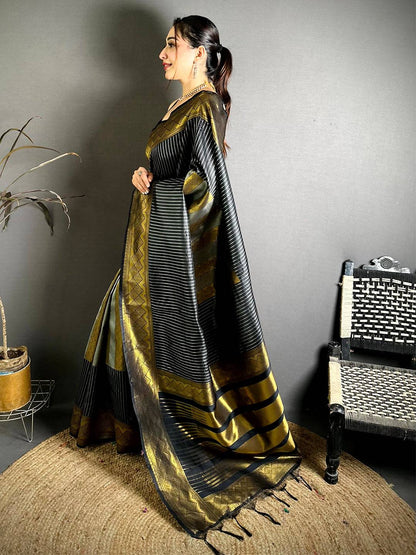 Banarasi Katan Silk Striped Zari Geometric Pattu Saree