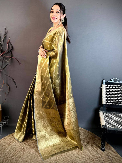 Olive Glass Crush Tissue Leheriya Pattu Saree