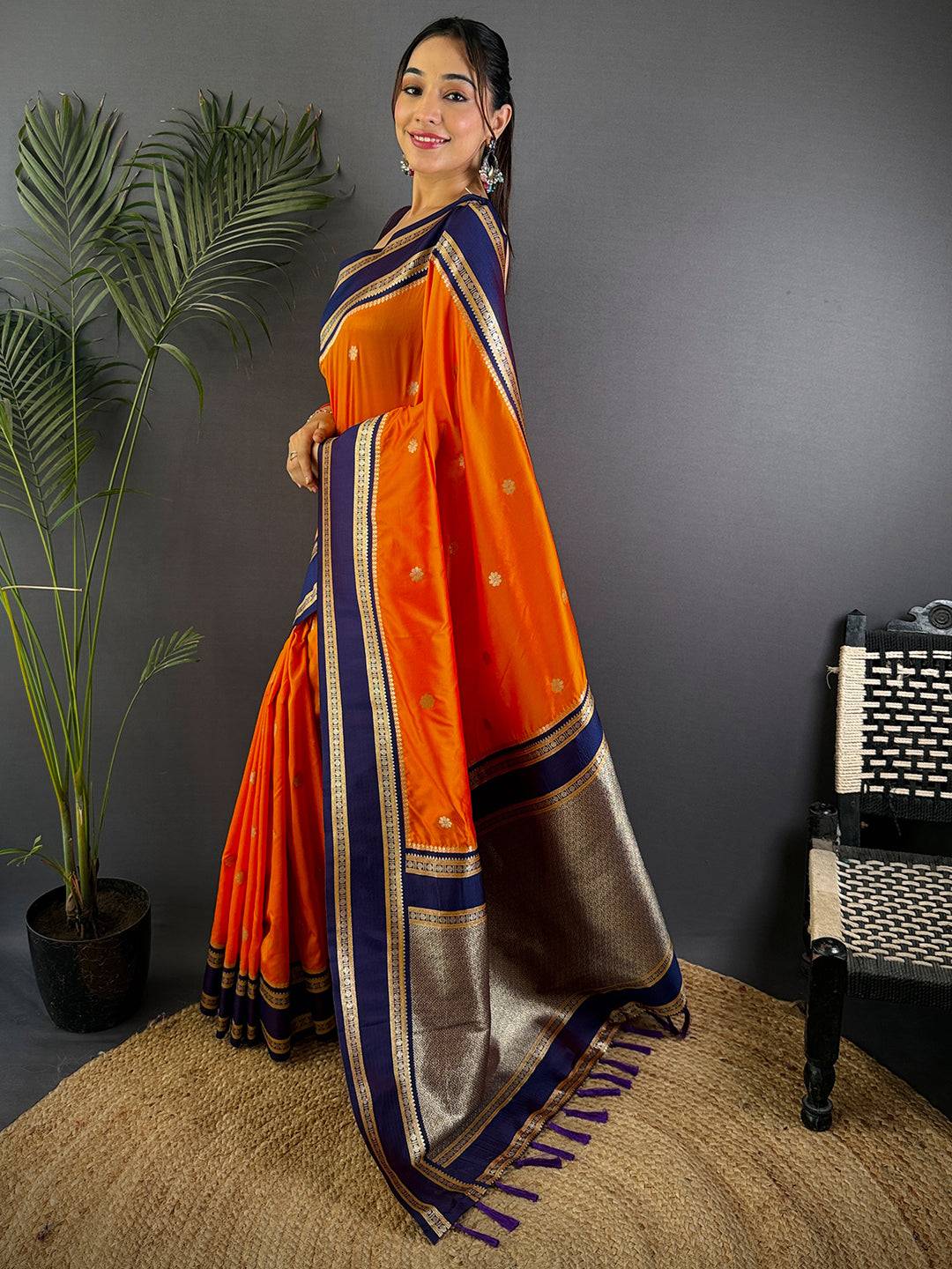 Orange Soft Silk Floral Butta Pattu Saree