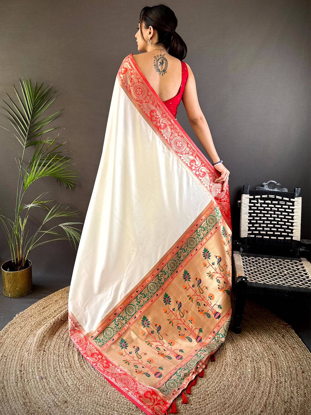 White Soft Silk Yevla Pathani Pattu Saree


