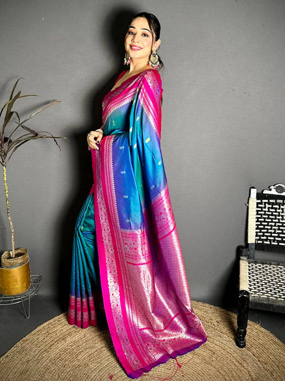 Gold Zari Woven Teal Soft Silk Pattu Saree