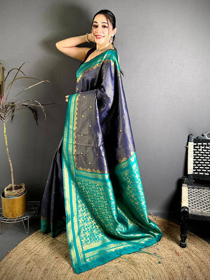 Navy Banarasi Katan Silk Gadwal Zari Pattu Saree