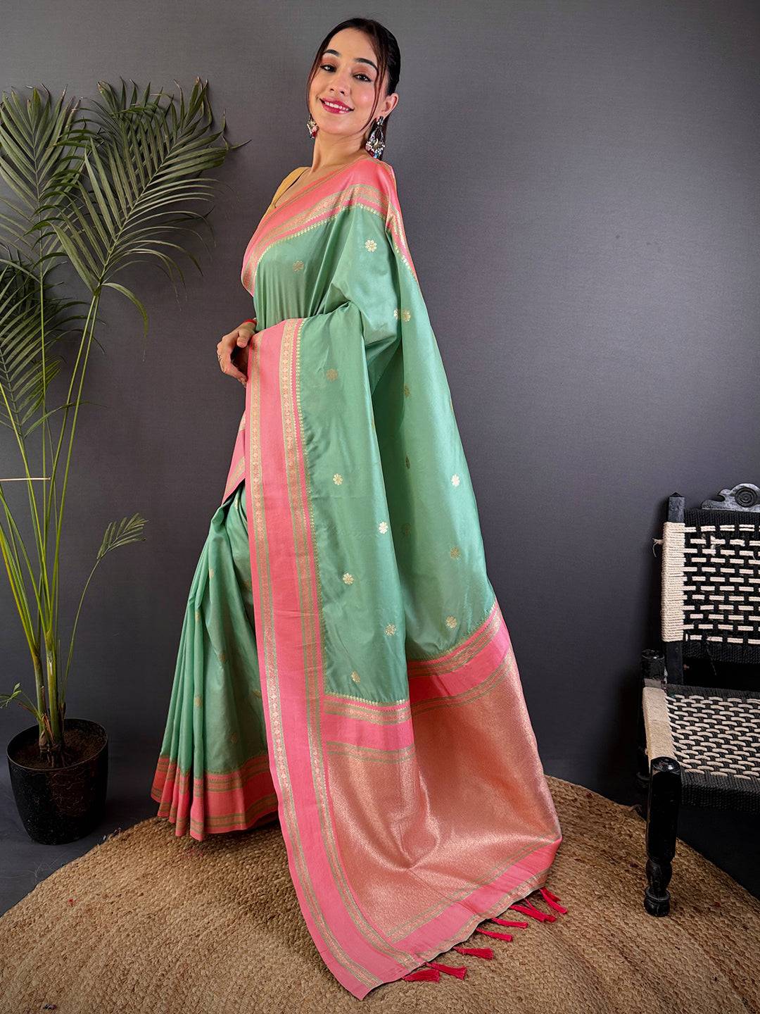 Pista Soft Silk Floral Butta Pattu Saree