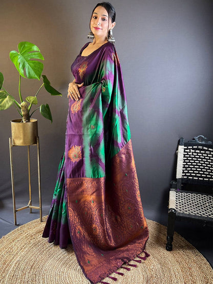 Dark Green Tussar Silk Ikkat Weaving Pattu Saree
