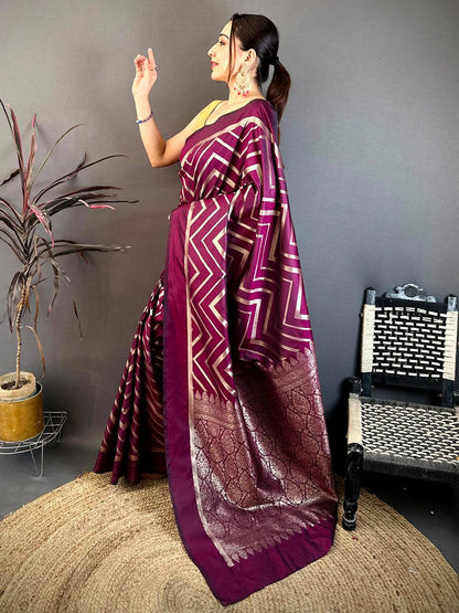 Wine Geometric Zari Weave Banarasi Pattu Saree