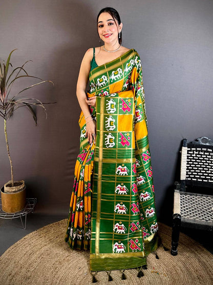 Elegant Yellow Green Ikkat Patola Silk Pattu Saree