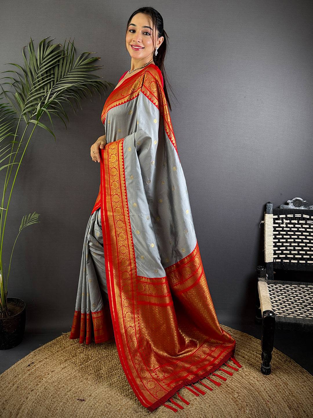 Regal Grey Gold Zari Butta Pattu Saree