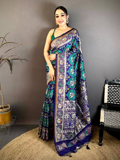 Teal Patola Weave Soft Semi Silk Pattu Saree