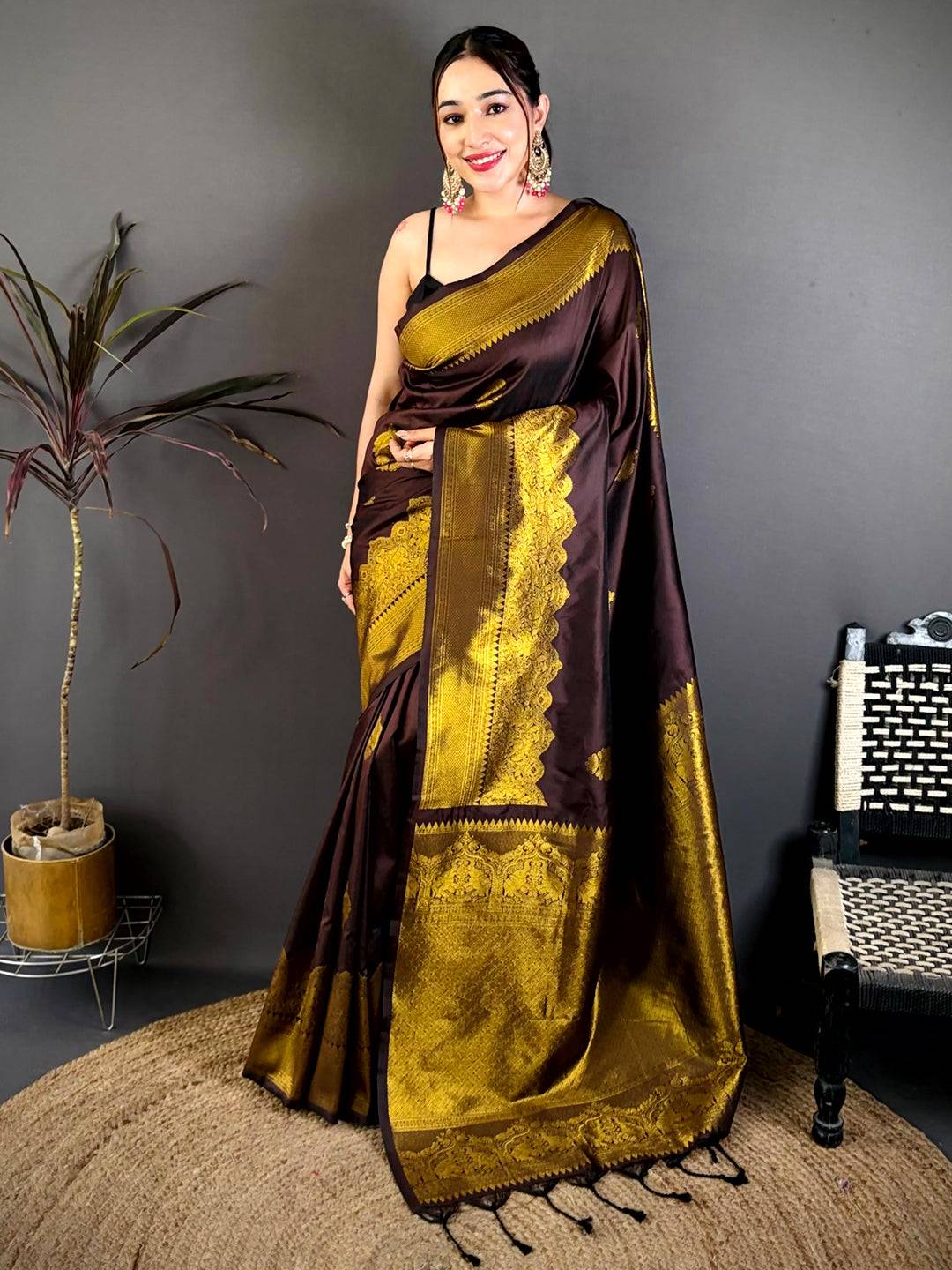 Chocolate Brown Soft Silk Ethnic Motif Pattu Saree