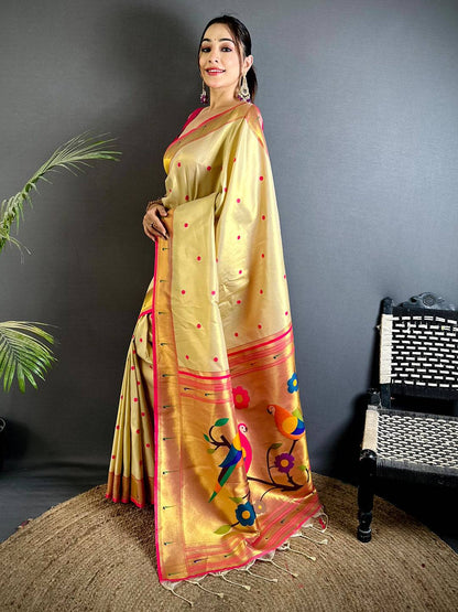Cream Glass Tissue Yevla Paithani Pattu Saree