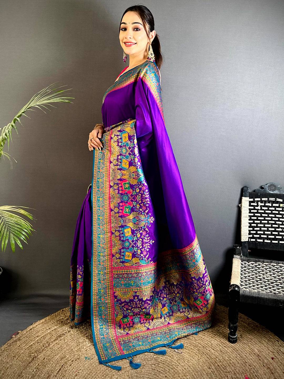 Purple Kashmiri Art Soft Silk Pattu Saree